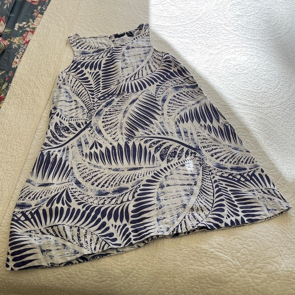 100% Linen Dress Women's Medium Sleeveless Pockets Print Blue White Beach Flare - Picture 7 of 16
